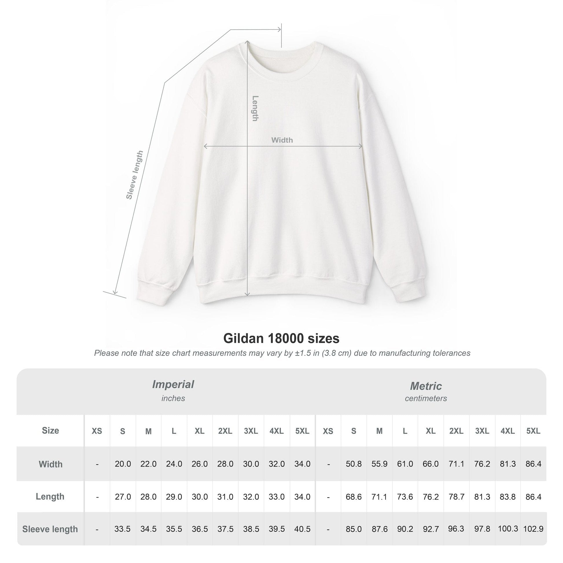 Gildan 18000 sweatshirt with measurement chart on a white background