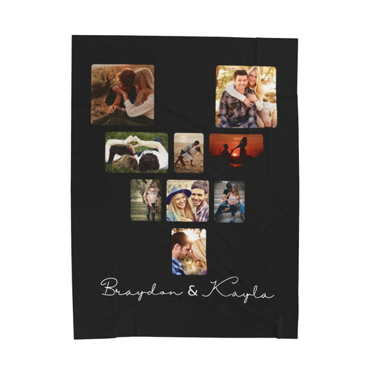 Black velveteen photo blanket with customer photos in the shape of a heart with the couples name at the bottom