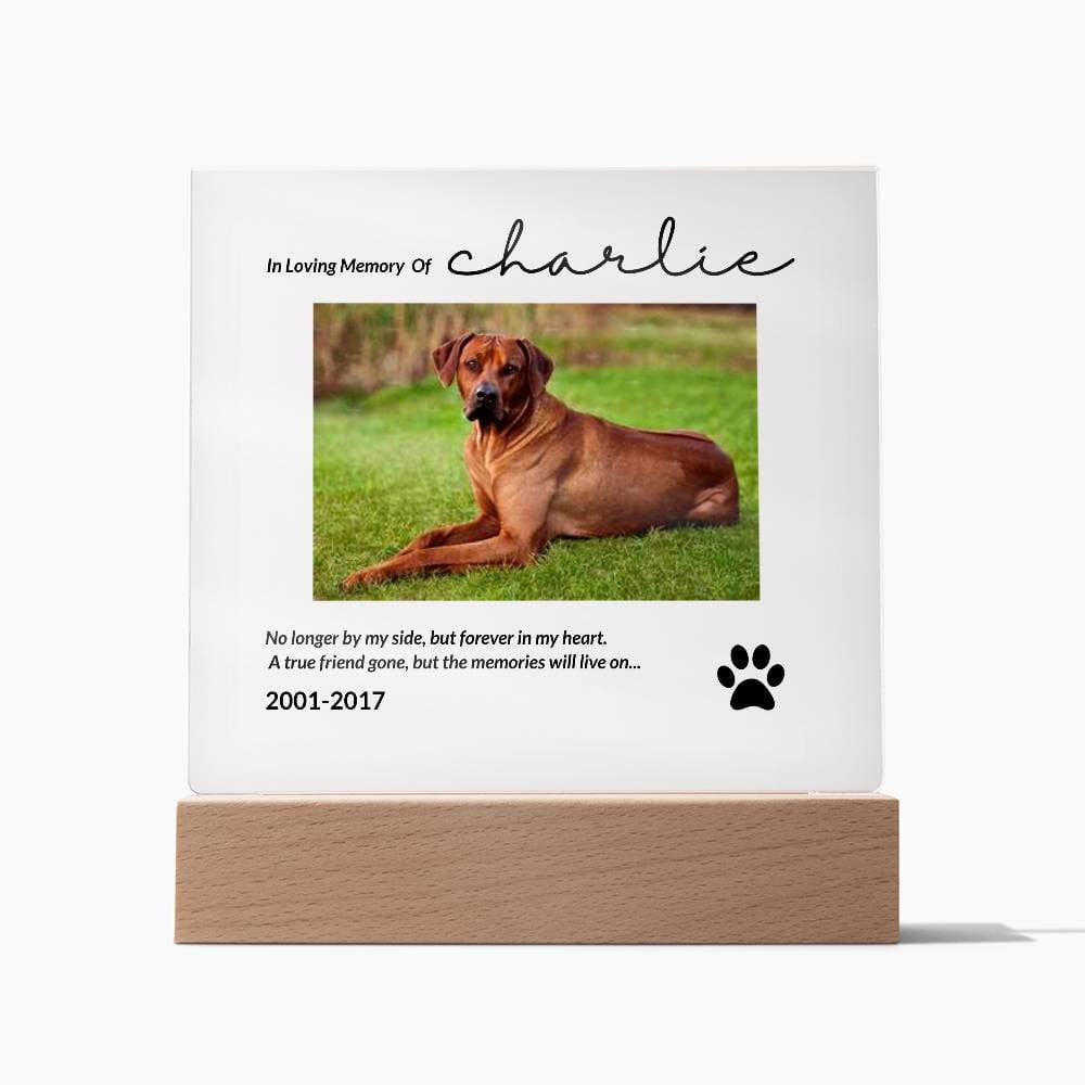 Memorial acrylic plaque for pet with picture, dates and a quote.