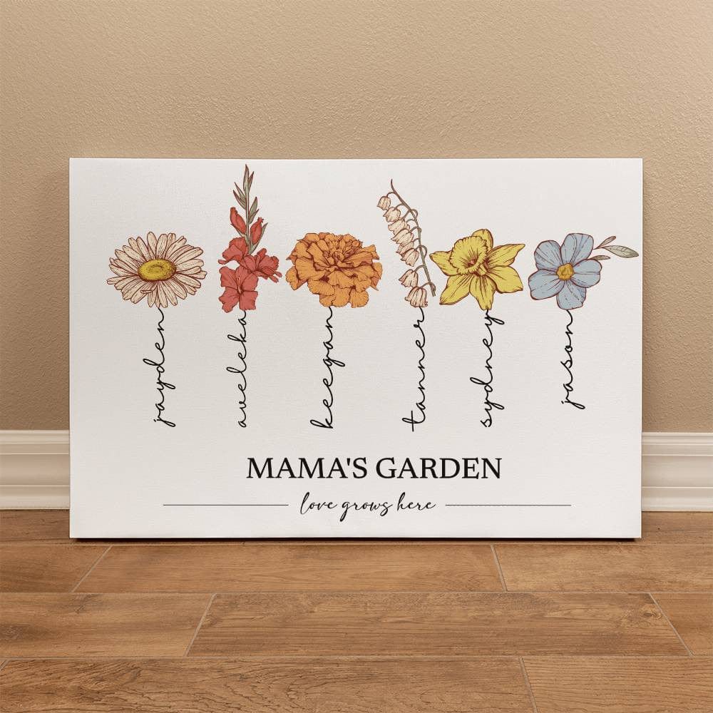 Custom Wrapped canvas art for a grandma called Grandma's Garden with birth flowers and names.