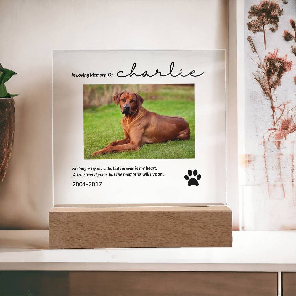 Memorial acrylic plaque for pet with picture, dates and a quote.