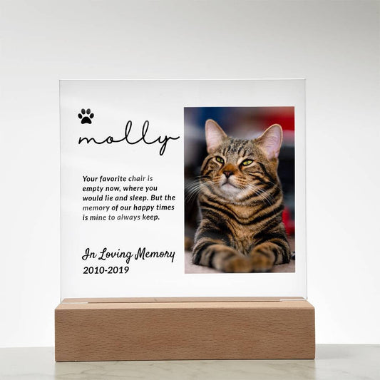 Memorial acrylic plaque for pet with picture, dates and a quote.