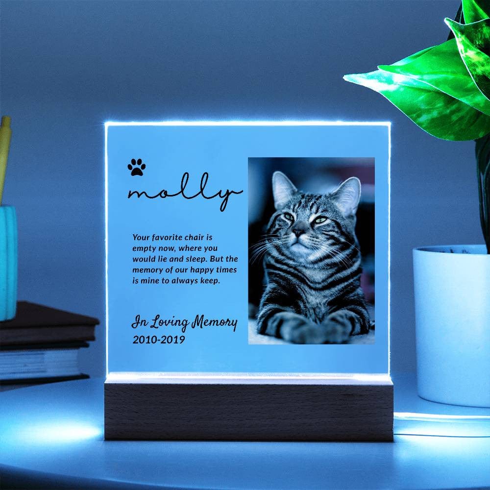 Memorial acrylic plaque for pet with picture, dates and a quote.