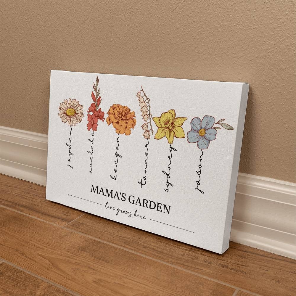 Custom Wrapped canvas art for a grandma called Grandma's Garden with birth flowers and names.