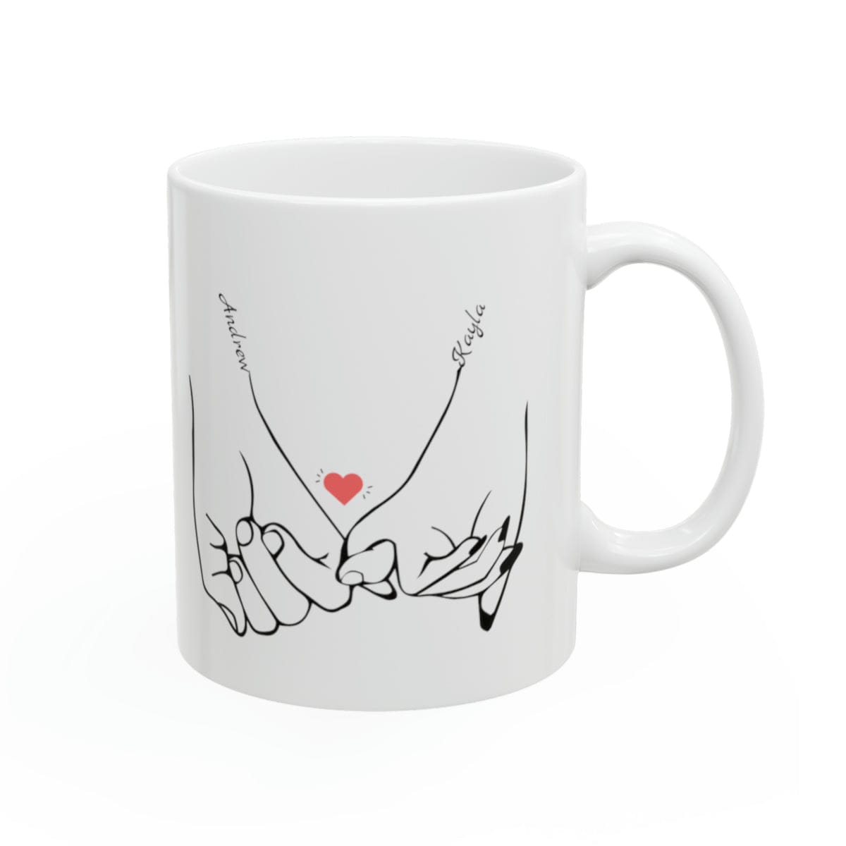 Line art drawing graphic  of hands holding pinkies with the couple's names added to personalize the coffee mug