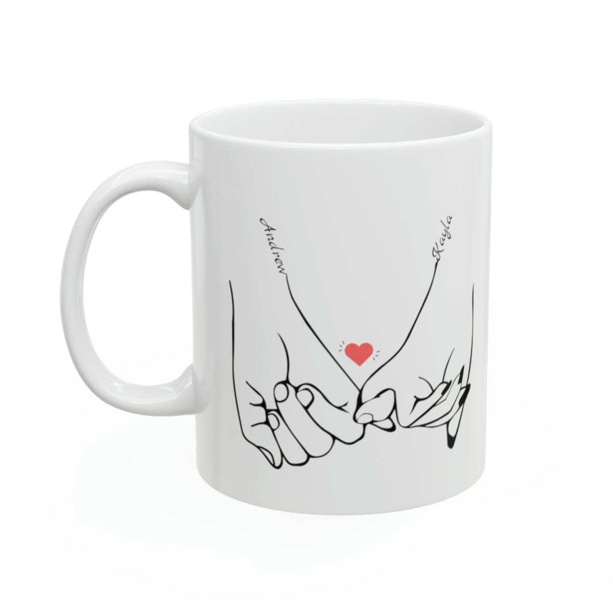 Line art drawing graphic  of hands holding pinkies with the couple's names added to personalize the coffee mug