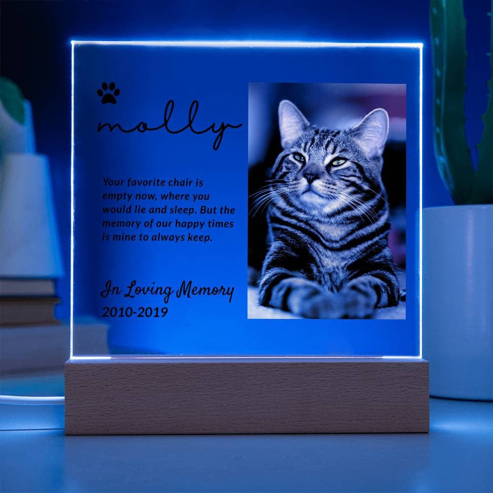 Memorial acrylic plaque for pet with picture, dates and a quote.