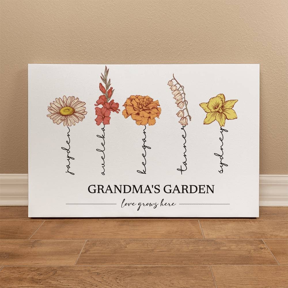 Custom Wrapped canvas art for a grandma called Grandma's Garden with birth flowers and names.