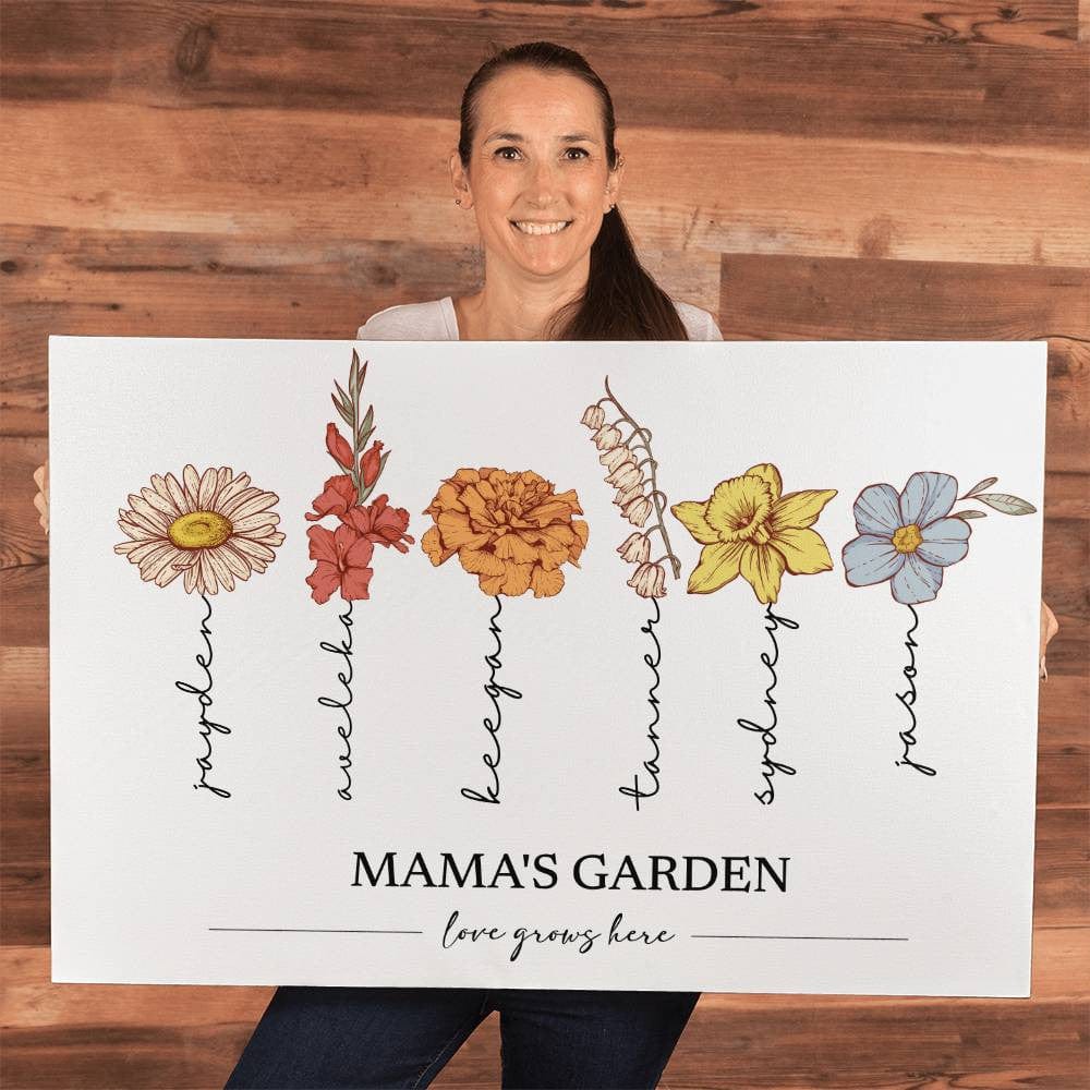 Custom Wrapped canvas art for a grandma called Grandma's Garden with birth flowers and names.